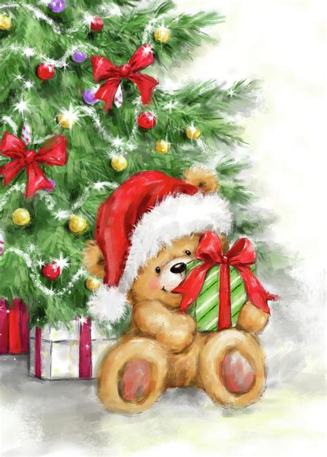 Bear In Front Of Christmas Tree Mixed Media By Makiko Pixels