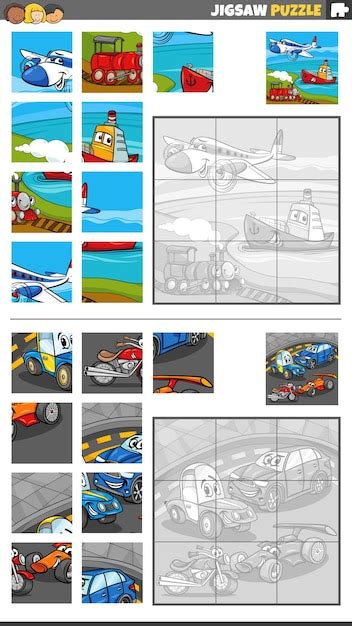 Premium Vector Jigsaw Puzzle Game Set With Cartoon Vehicle Characters