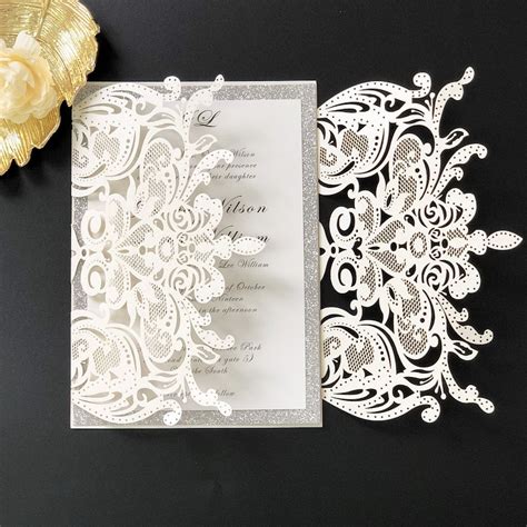 Elegant Laser Cut Wedding Invitations With Glitter Silver Etsy Uk