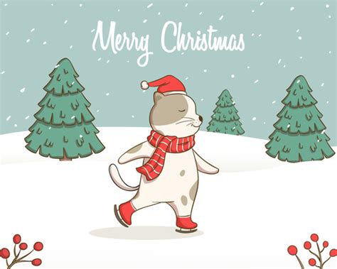 Skating Cat Christmas Card Vector Free Download