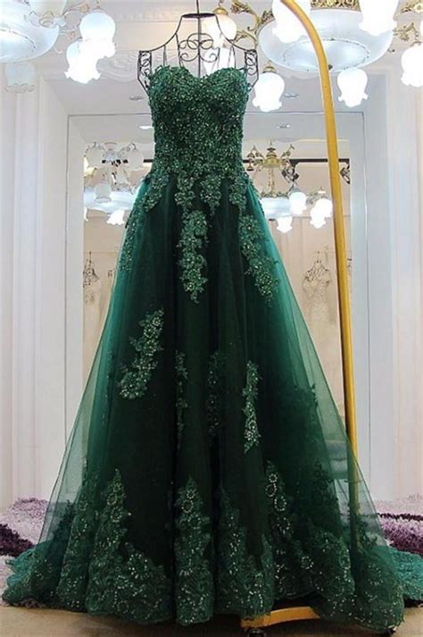 A Line Sweetheart Corset Back Dark Green Tulle Lace Beaded Prom Dress