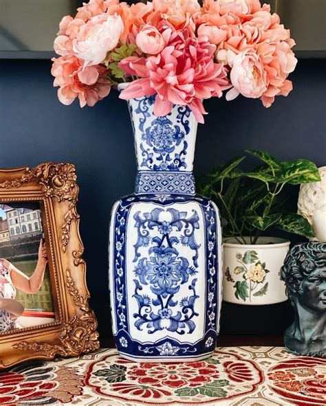 Tall Blue And White Square Chinoiserie Vase With Long Neck Chinoiserie