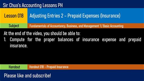 Maybe you would like to learn more about one of these? Lesson 018 - Adjusting Entries 2: Prepaid Expenses (Insurance) - YouTube