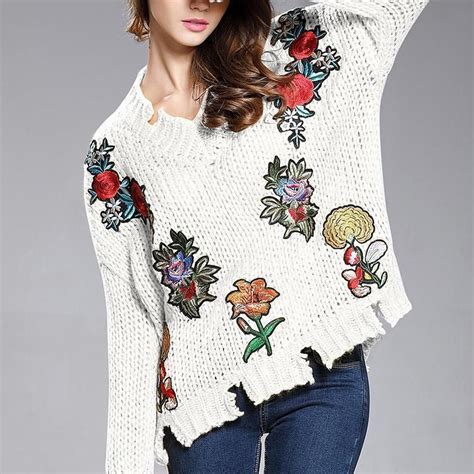 V Neck Torn Flower Embroidery Sweater Embroidery Sweater Sweater Fashion Fashion