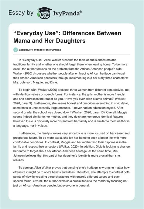 Everyday Use Differences Between Mama And Her Daughters 329 Words Book Review Example