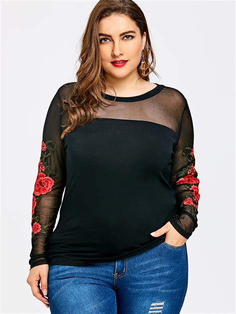 Gamiss Women Plus Size Embroidery Sheer Long Sleeve Tops Shirts Women