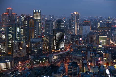 Osaka Cityscape At Night With Skyscrapers Image Free Stock Photo