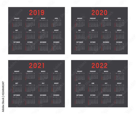 Years 2019 2020 2021 2022 Calendars Stock Vector Adobe Stock