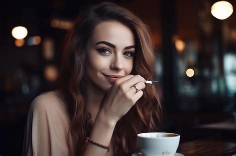 premium ai image a woman sitting at a table with a cup of coffee
