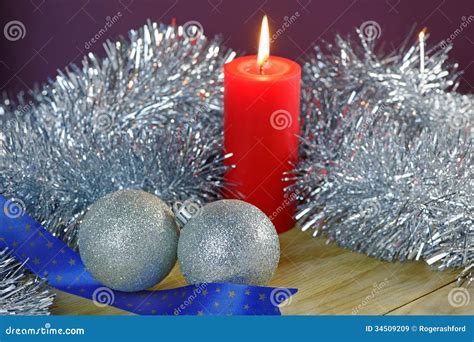 Christmas Baubles And Candle With Tinsel Stock Image Image Of Holiday