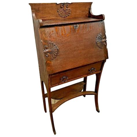 Antique Secretary Desk Solid Oak Locking Door With Key Bottom Etsy