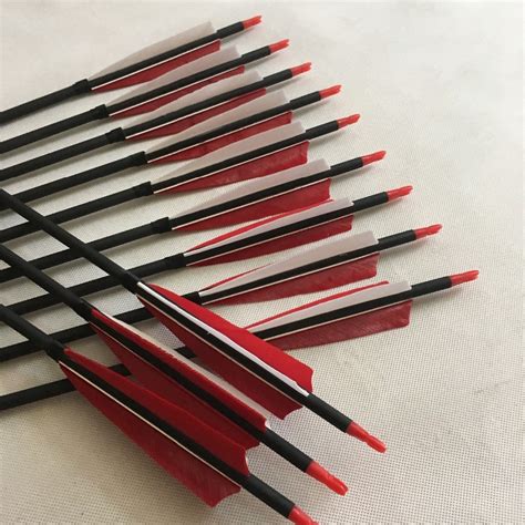 12pk Redandwhite Archery Carbon Arrows Shaft Feather For Hunting Bow