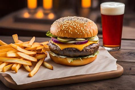 Delicious Grilled Burger With Fries And Beer Ai Generative Stock