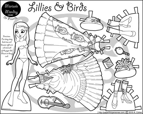 Lillies And Birds A Printable Paper Doll Coloring Page • Paper Thin Personas