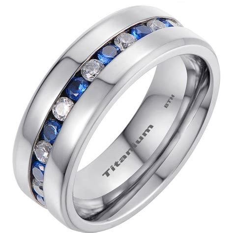 Mens Titanium Wedding Band Ring With Blue Sapphire Cubic Zirconia
