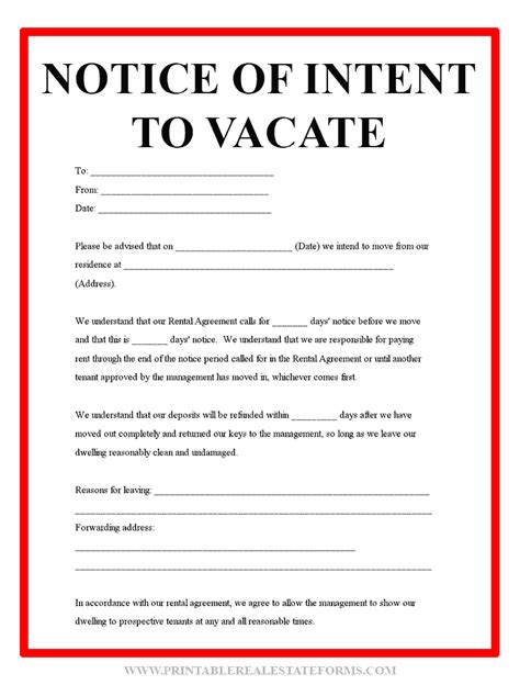 Free Printable Notice Of Intent To Vacate Form Sample
