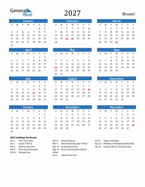 2027 Brunei Calendar With Holidays