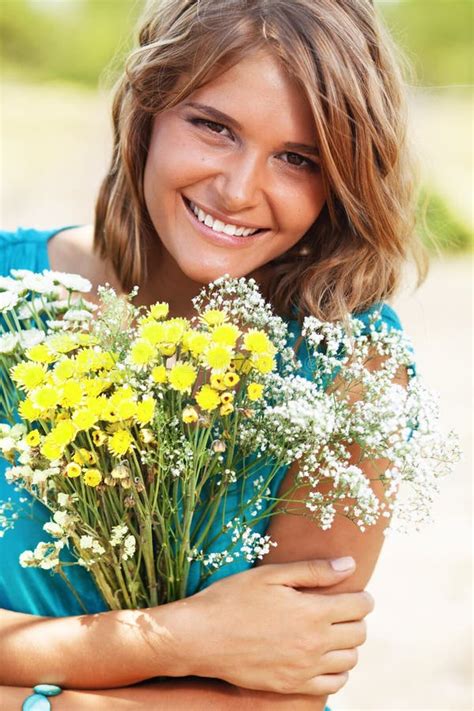 Girl Holding Bouquet Of Flowers Stock Photo Image Of Natural Lovely