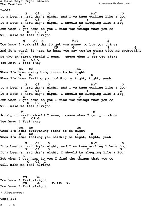 Song Lyrics With Guitar Chords For A Hard Days Night Ukelessons