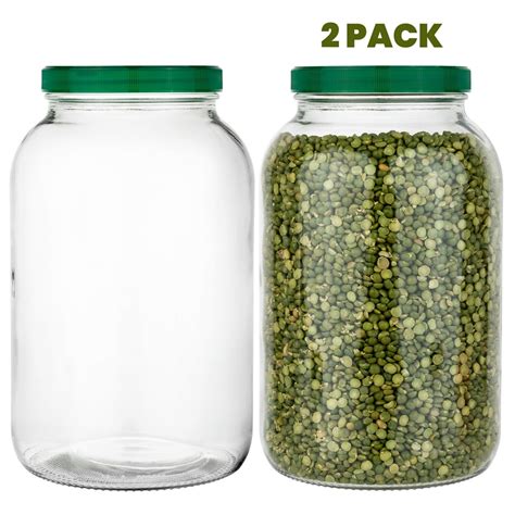 2 Pack 1 Gallon Mason Jar Glass Jar Wide Mouth With Green Plastic Lid Container For