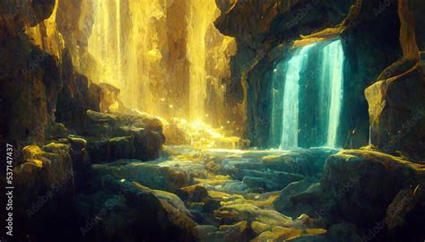 イラスト 絵画 神秘的な洞窟 ファンタジー 滝 泉 Иллюстрация Stock Adobe Stock
