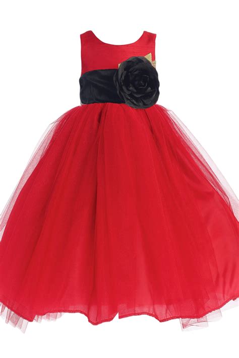 Red Polysilk Flower Girl Dress W Ballerina Tulle Skirt And Custom Sash
