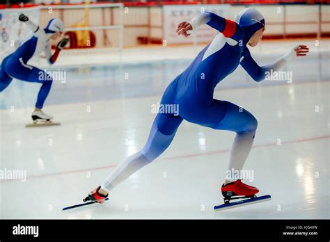 Start Sprint Race Of Two Women Athletes Speed Skaters During Cup In