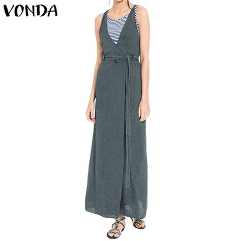 Vonda 2019 Summer Sexy Sleeveless Dress Women V Neck Backless Party Maxi Long Dresses Casual