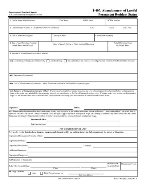 Form I 407 Abandonment Of Lawful Permanent Resident Status