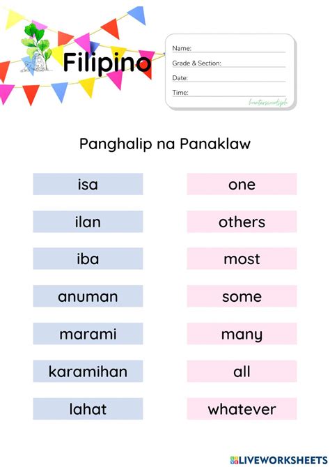 Panghalip Na Panaklaw Worksheet Hunterswoodsph Filipino Worksheet