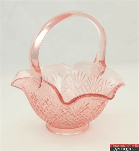 Vintage L E Smith Pink Glass Basket Pineapple Pattern Diamond Fan Ruffled Edge Tamarack Shack