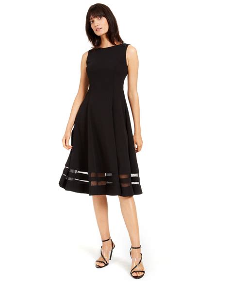 Calvin Klein Synthetic Illusion Trim Fit And Flare Midi Dress In Black Lyst