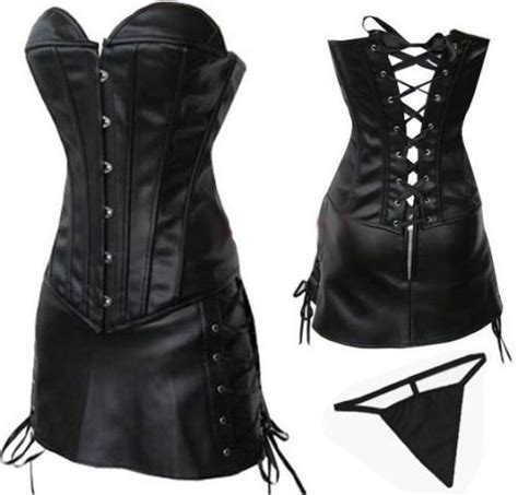 Black Sexy Leather Corset With Mini Skirt Small X Cheap Corset