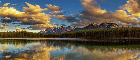 Sunset Panorama Of Herbert Lake In Banff National Park Alberta