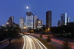 Photos Texas USA Houston Moon Roads night time Skyscrapers Street