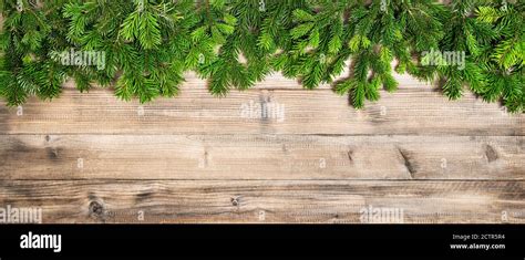 Christmas Banner Wooden Background Pine Tree Branches Stock Photo Alamy