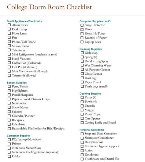 The Ultimate Dorm Room Checklist 6 Free Printable Templates