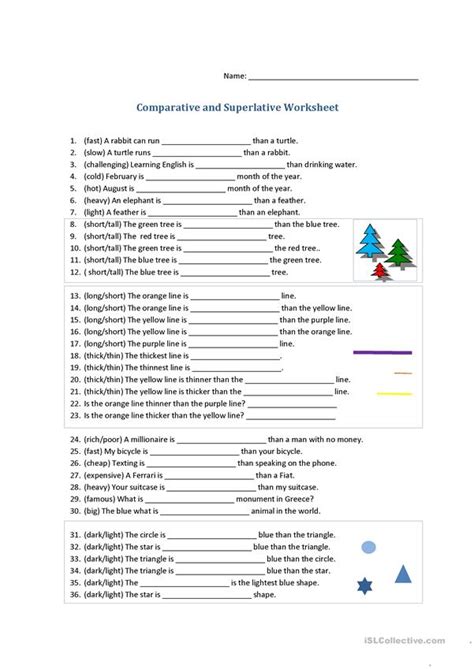 Superlative adjective takes the comparison of nouns to the highest degree. Comparative and Superlative Worksheet - English ESL ...