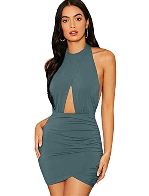 Buy Shein Women S Sexy Halter Ruched Bodycon Backless Wrap Party