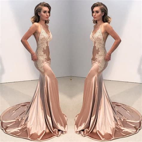 Charming Rose Gold Deep V Neck Lace Spaghetti Strap Backless Trumpet