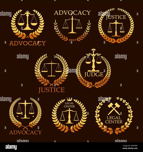 Justice And Advocacy Vector Gold Icons Heraldic Emblems Of Law Scales