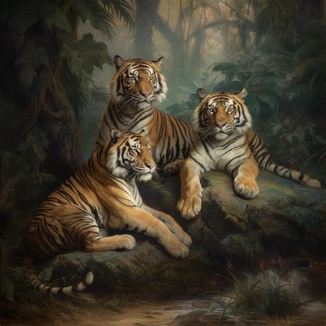 Premium Ai Image Painting Of Three Tigers Resting On A Rock In A