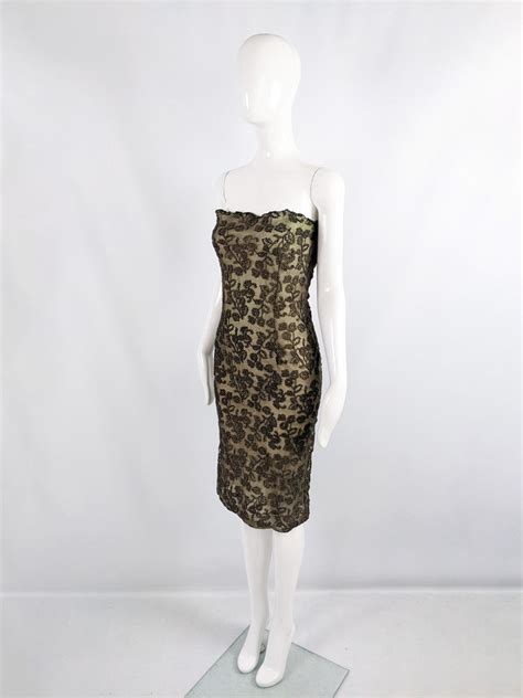 Emanuel Ungaro Vintage Y2k Strapless Green Embroidered Mesh Party Dress