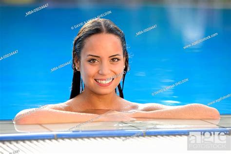 Young Woman Half Portrait Bikini Pool Edge Outdoor Swimming Pool