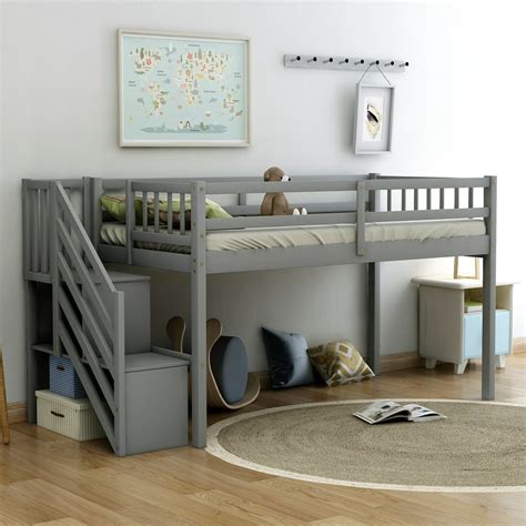 Euroco Wood Twin Loft Bed With Stairs Guard Rail And Storage Shelf For