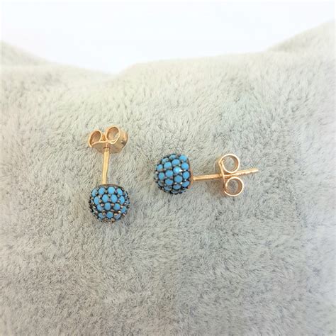 K Real Solid Gold Turquoise Stud Earrings For Women