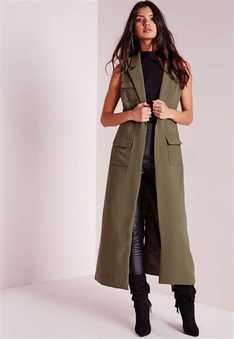 Missguided Sleeveless Longline Utility Duster Jacket Khaki Waistcoat Fashion Long Blazer
