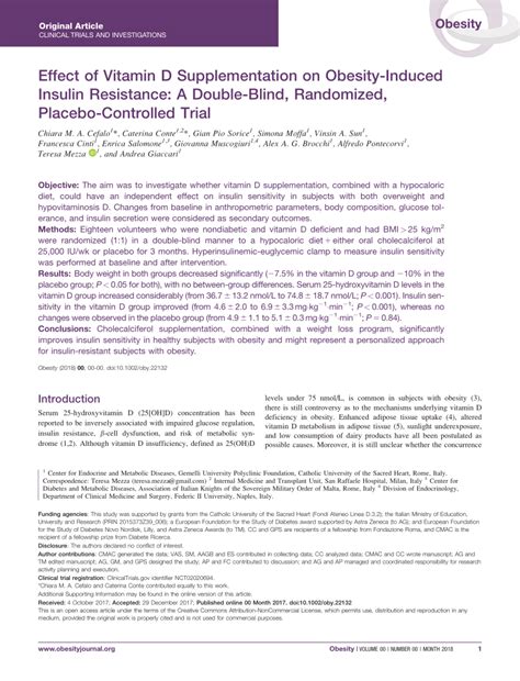 Pdf Effect Of Vitamin D Supplementation On Obesity‐induced Insulin