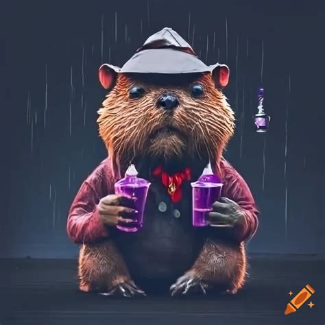 Urban Night Scene With A Gangster Beaver In The Rain