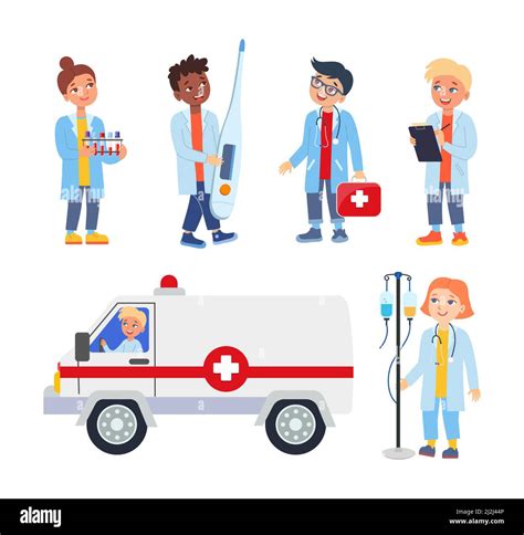 Kids Doctors And Nurses With Medical Equipment Set Vector
